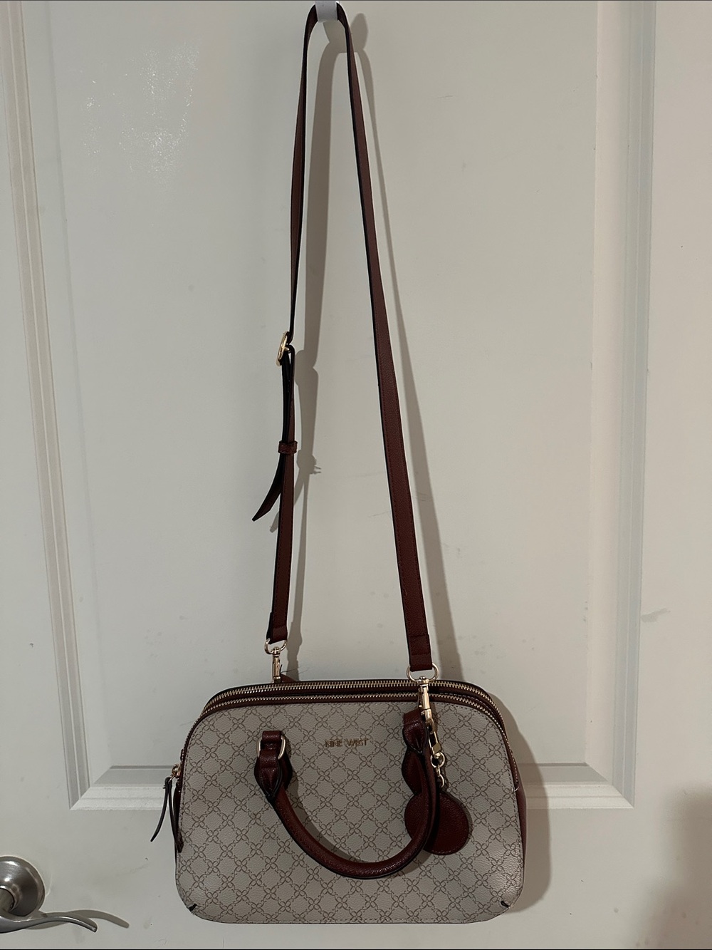 Nine West Beige Patterned Shoulder Crossbody with Brown Trim